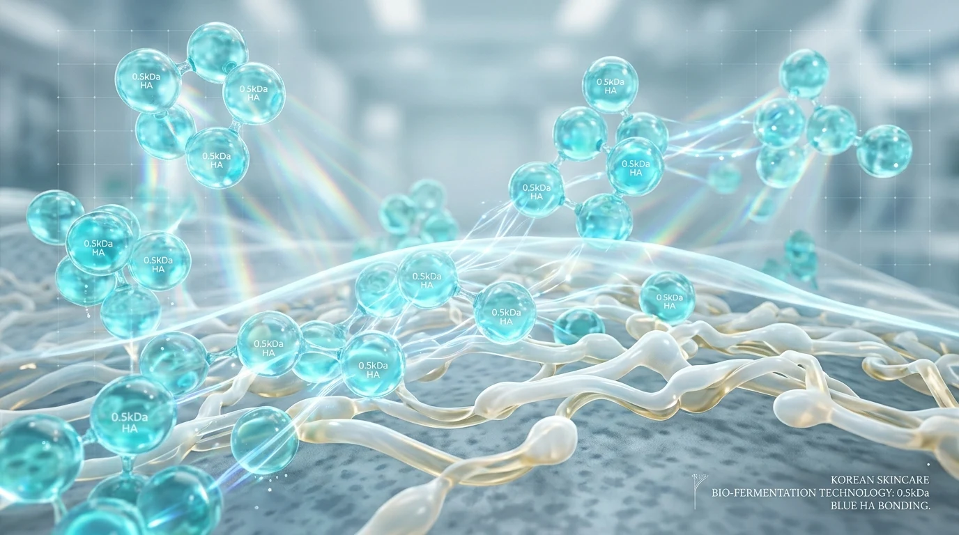 Cinematic 3D Scientific Illustration: 0.5kDa Blue Hyaluronic Acid Molecular Bonding with Stratum Corneum Barrier